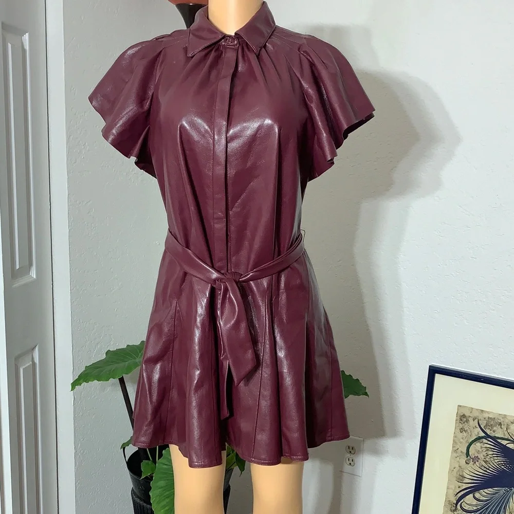 Elan Maroon Faux Leather Dress with Tie - Picture 4 of 9